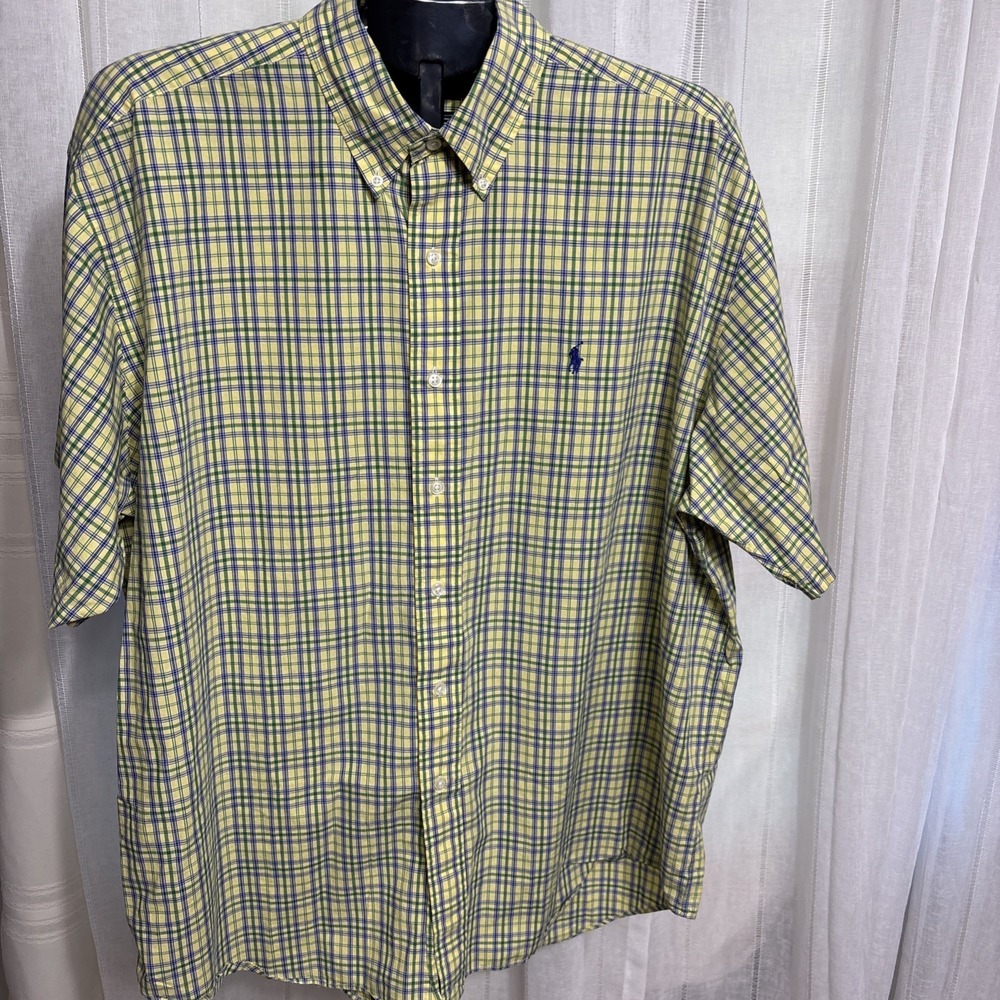 Ralph Lauren Shirt Men XL Yellow Green Blue Pony Plaid Casual Button Up SS Blake